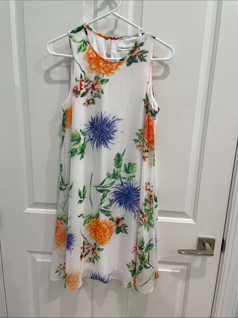 Calvin Klein White Floral Sleeveless Mini Dress with Orange and Blue Flowers